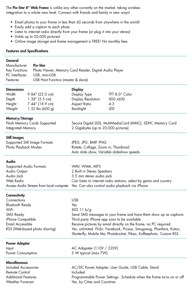 Pix-Star Frame Technical Specs